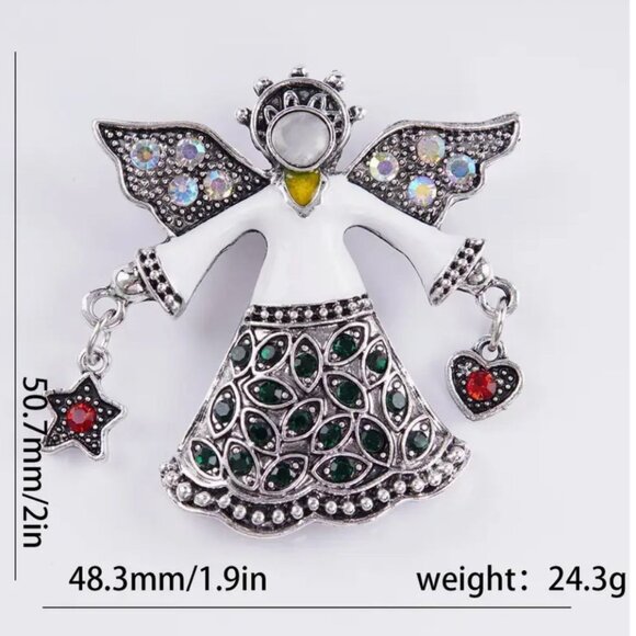 Angel Brooch Pin With Green & Red Crystal Accents Silver Tone - Picture 2 of 3